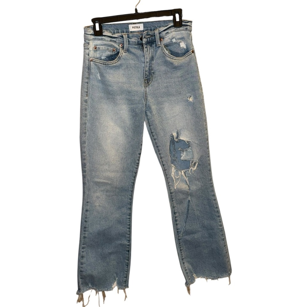 PISTOLA High Rise Medium Blue Distressed Ripped Straight Leg Women’s Jeans 28 - Picture 3 of 11